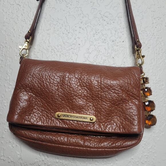 Juicy Couture Leather Brown Fold Over Clutch Crossbody Adjustable Strap w/ Charm - Picture 13 of 16